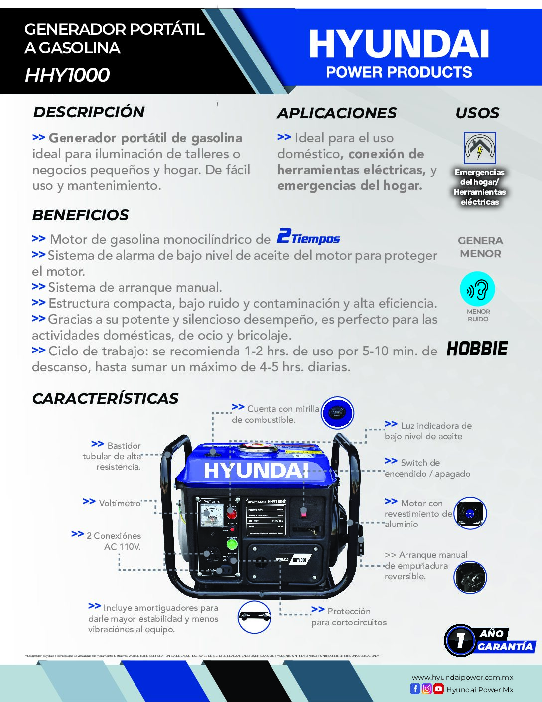 GENERADOR PORTÁTIL, A GASOLINA, HHY1000 - Image 4